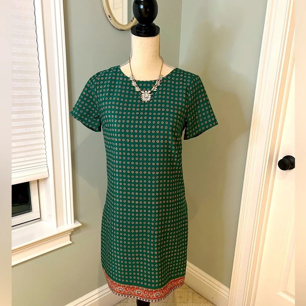 JCrew Green Print Slip Over Head Dress | Size 2 | Like New - Picture 1 of 8
